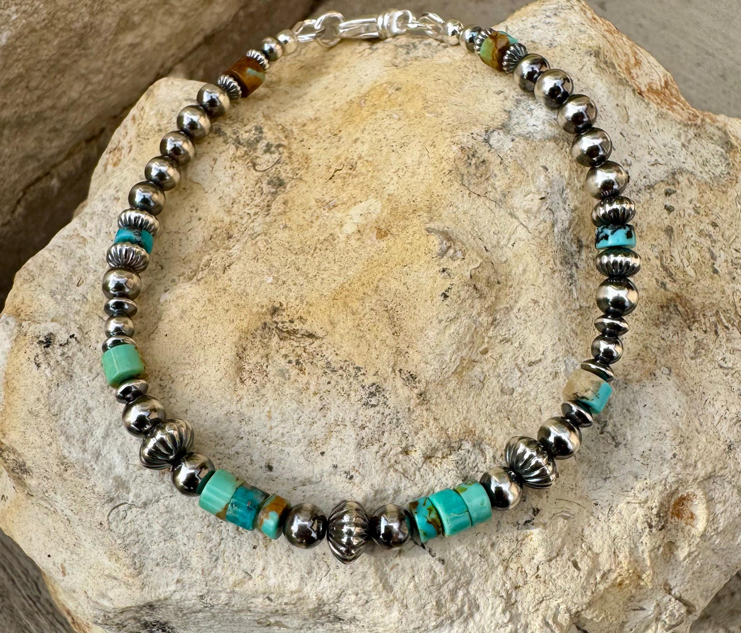 Navajo Pearl Bracelet with Kingman Blue Green Turquoise