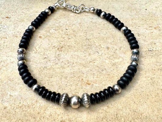 Navajo Pearl Bracelet with Black Onyx / sterling silver beaded gemstone bracelet
