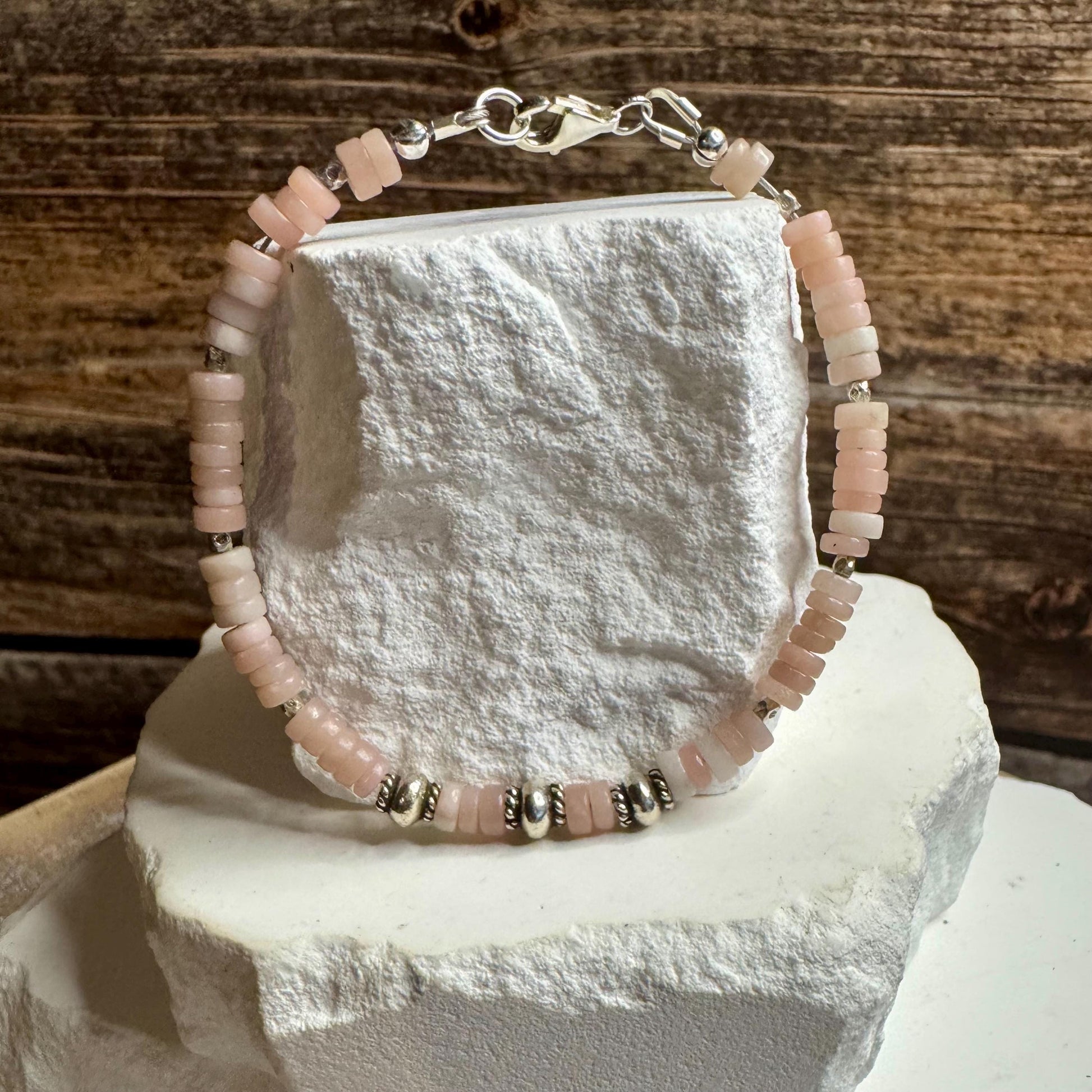Pink Opal Bracelet, Sterling Silver Bracelet, Beaded Gemstone Bracelet, Opal Jewelry, Gift for Her, Elegant Trendy Accessory, Timeless Style