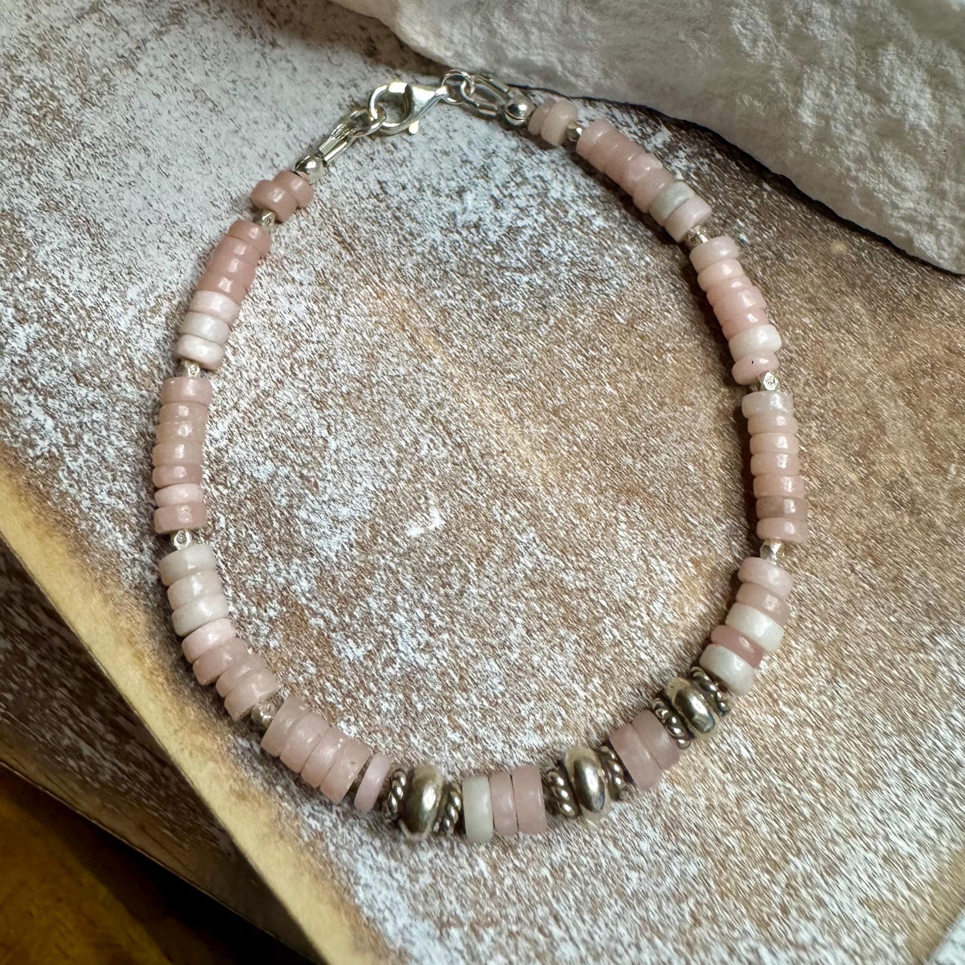 Pink Opal Bracelet, Sterling Silver Bracelet, Beaded Gemstone Bracelet, Opal Jewelry, Gift for Her, Elegant Trendy Accessory, Timeless Style