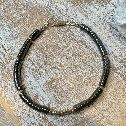 Hematite Beaded Bracelet, Sterling Silver Gemstone Bracelet, Unisex Bracelet, His and Hers Gift, Minimalist Jewelry, Stacking Bracelet