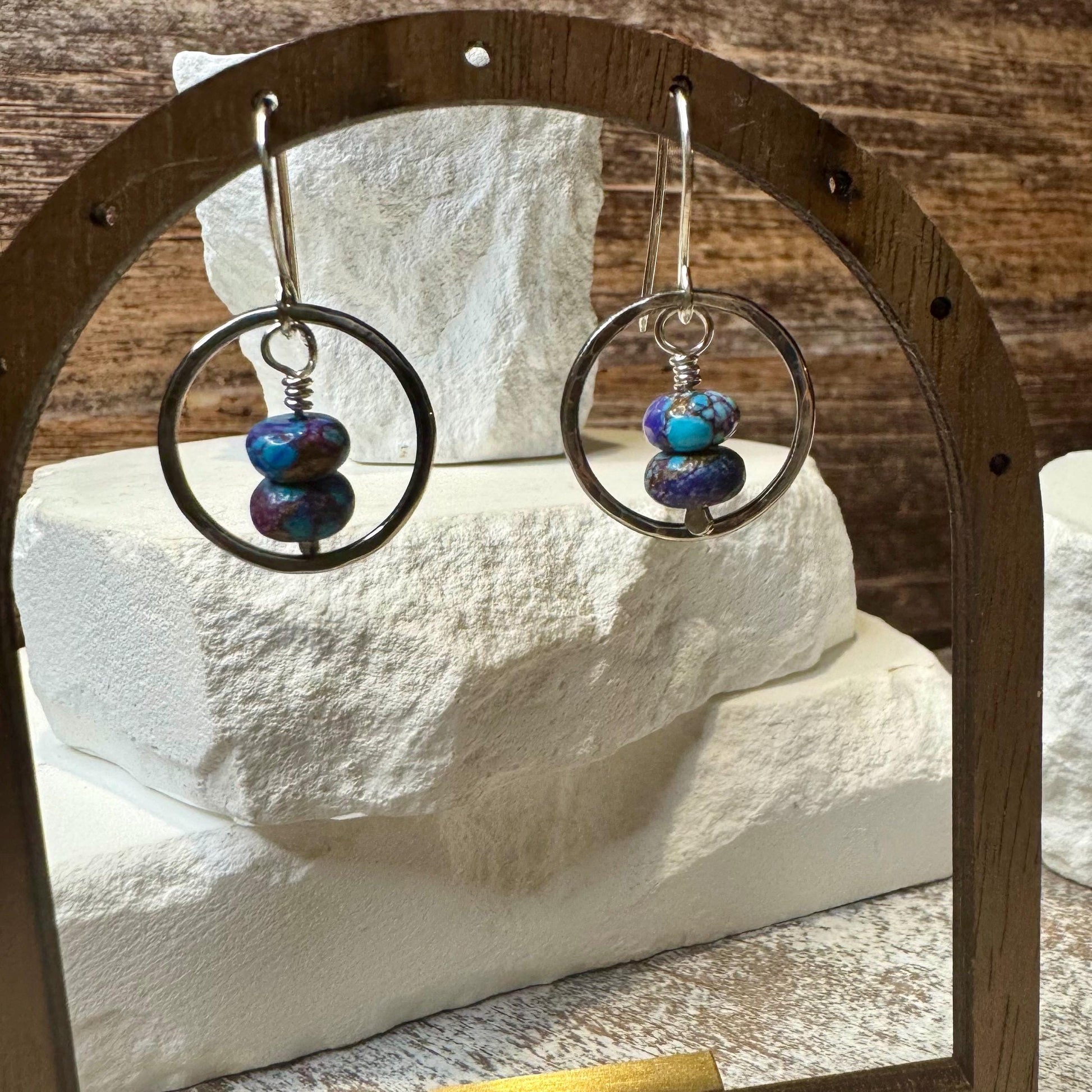 Sterling Silver Purple Turquoise Earrings, Oxidized Sterling Silver Circles Dangle, Spotted Mohave Gemstone, Unique Jewelry, Women's Gift