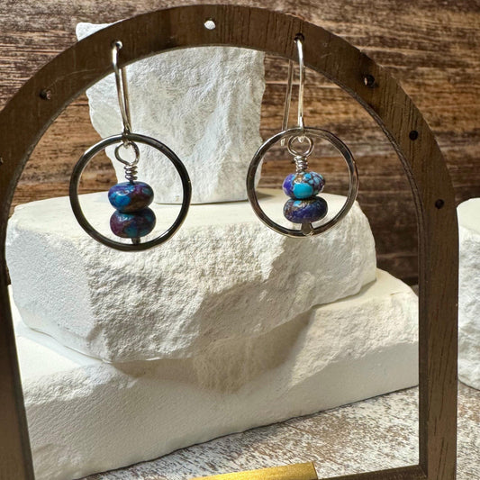 Sterling Silver Purple Turquoise Earrings, Oxidized Sterling Silver Circles Dangle, Spotted Mohave Gemstone, Unique Jewelry, Women's Gift