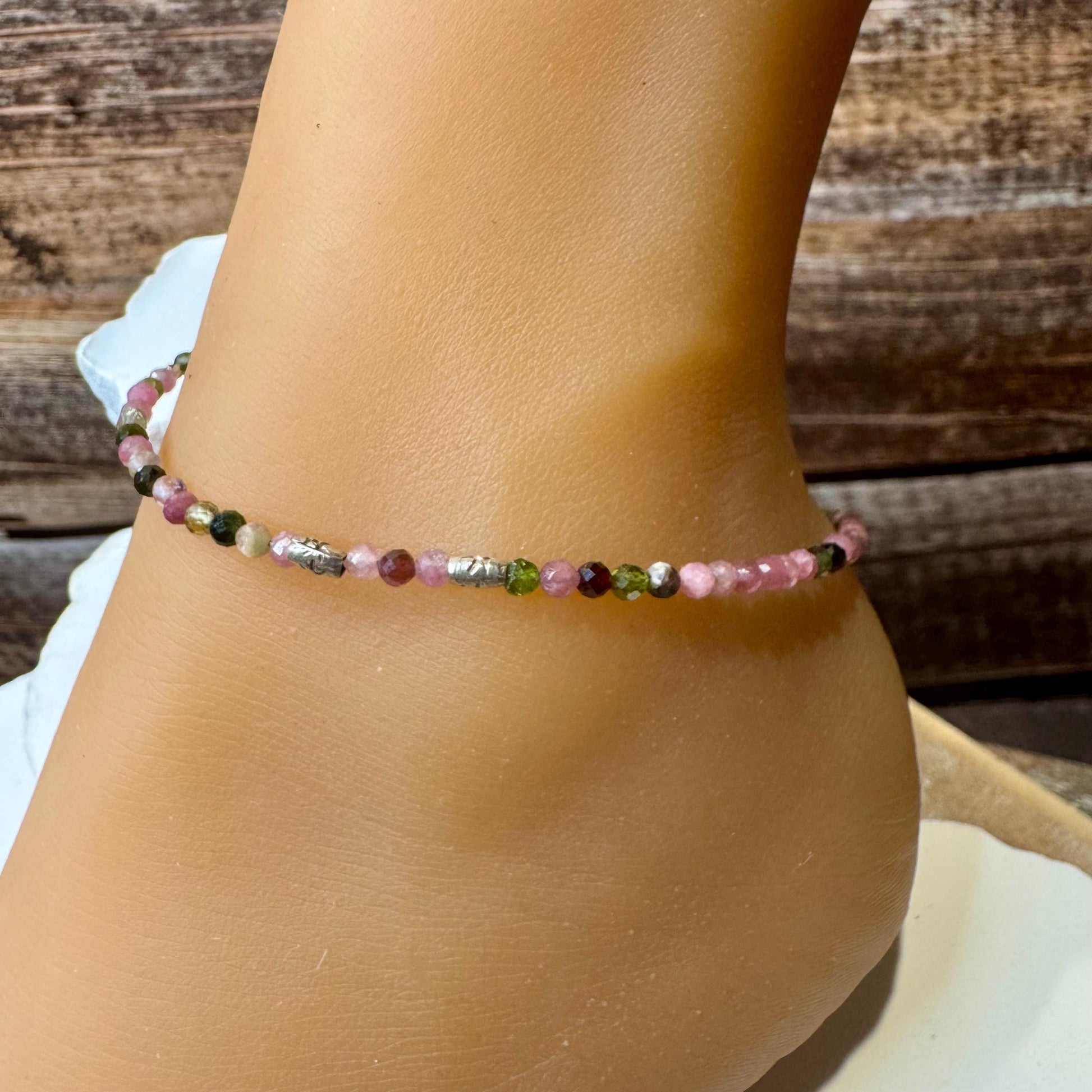Pink and Green Tourmaline Anklet, Sterling Silver Spacers, Gemstone Ankle Bracelet, Women's Jewelry, Gift Idea