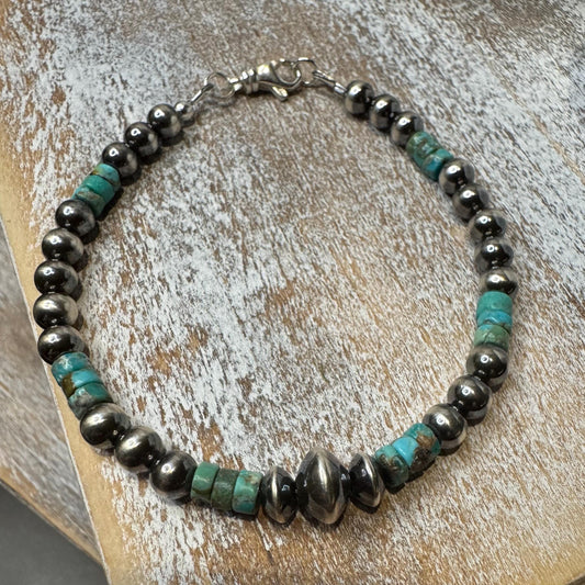 Natural Blue Green Brown Turquoise with Navajo Pearls, Sterling Silver Beaded Jewelry, Gemstone Bracelet, Turquoise Gift