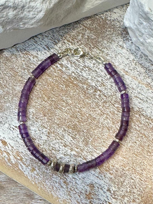 Amethyst Gemstone Beaded Bracelet, Sterling Silver Bracelet, Purple Jewelry, Gemstone Jewelry, Amethyst Jewelry, Gemstone Bracelet, Gift