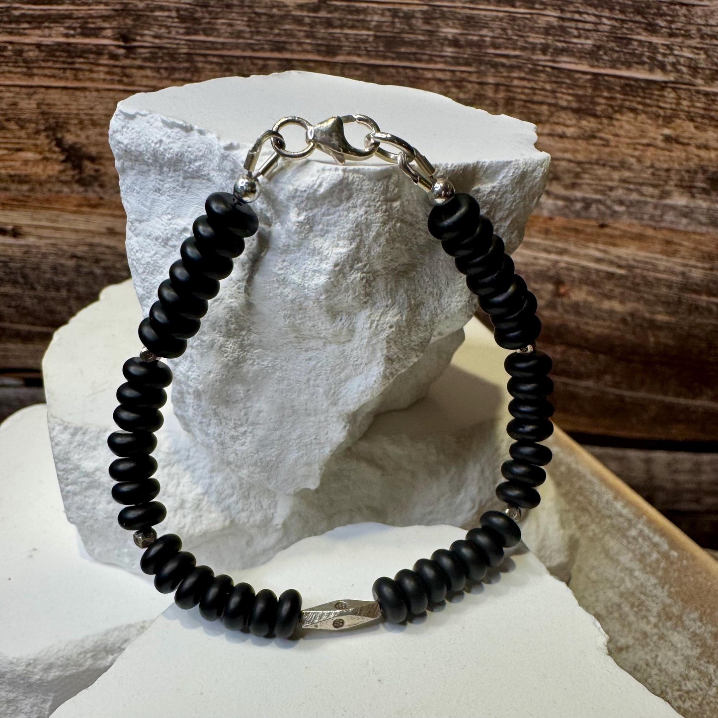 Black onyx sterling silver beaded / gemstone bracelet