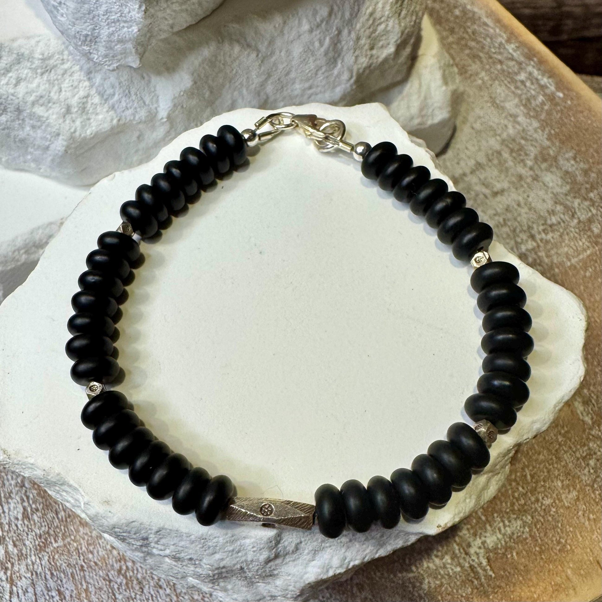 Black onyx sterling silver beaded / gemstone bracelet