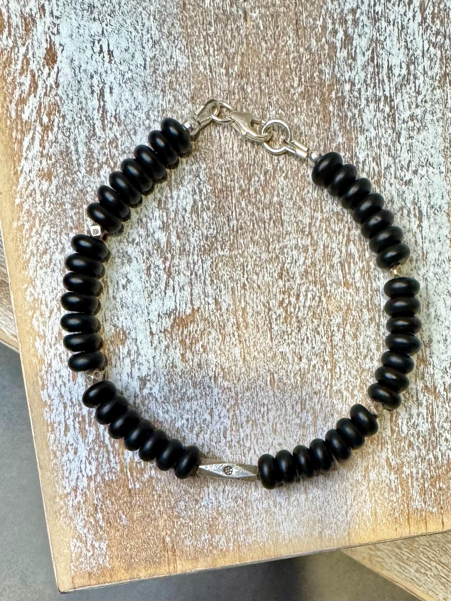 Black onyx sterling silver beaded / gemstone bracelet