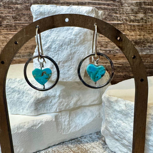 Kingman turquoise heart shaped gemstone earrings with sterling silver oxidized hammered circles / turquoise earrings