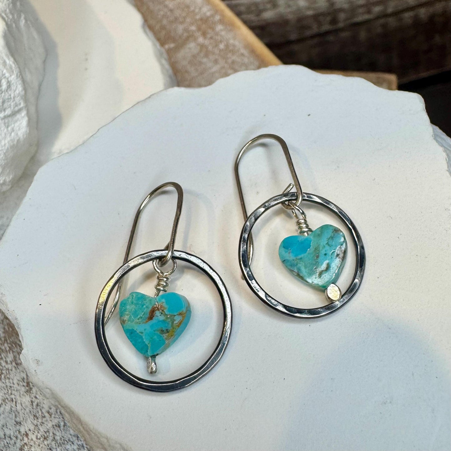 Kingman turquoise heart shaped gemstone earrings with sterling silver oxidized hammered circles / turquoise earrings
