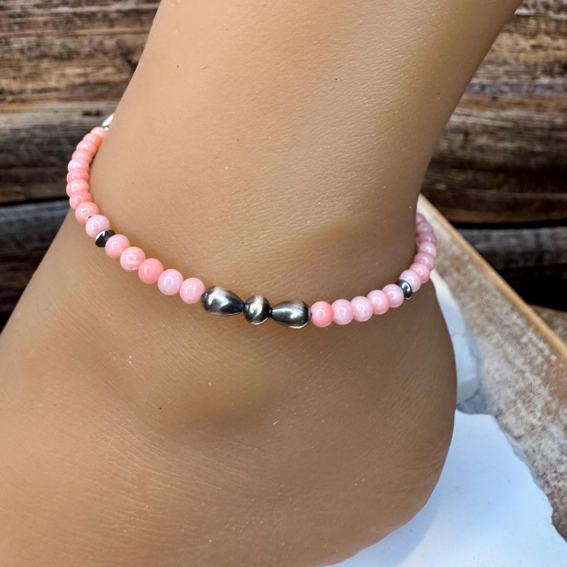 Angel Skin Pink Coral and Navajo Pearl Ankle Bracelet, Southwestern Pearl Anklet, Coral Anklet, Bohemian Foot Jewelry, Beach Anklet