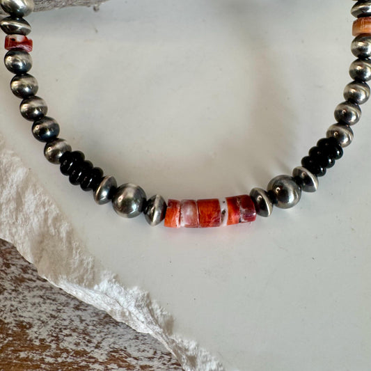 Navajo pearl bracelet with Onyx and Spiny Oyster/ sterling silver gemstone beaded bracelet