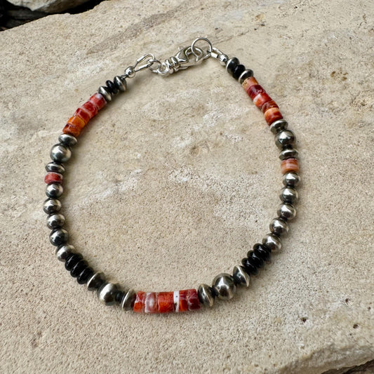 Navajo pearl bracelet with Onyx and Spiny Oyster/ sterling silver gemstone beaded bracelet