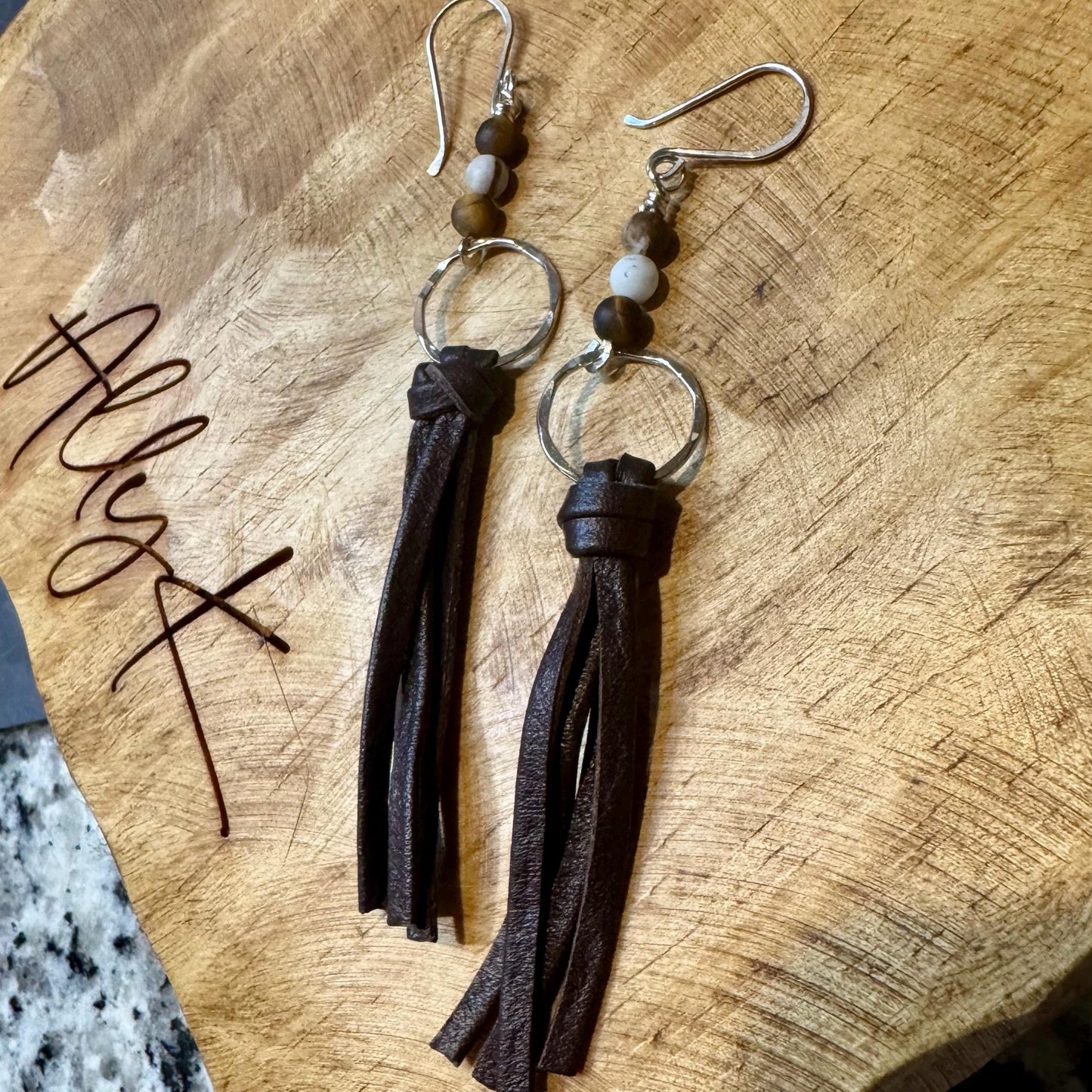 Leather earrings with sterling circle and petrified wood gemstone dangle / genuine leather earrings