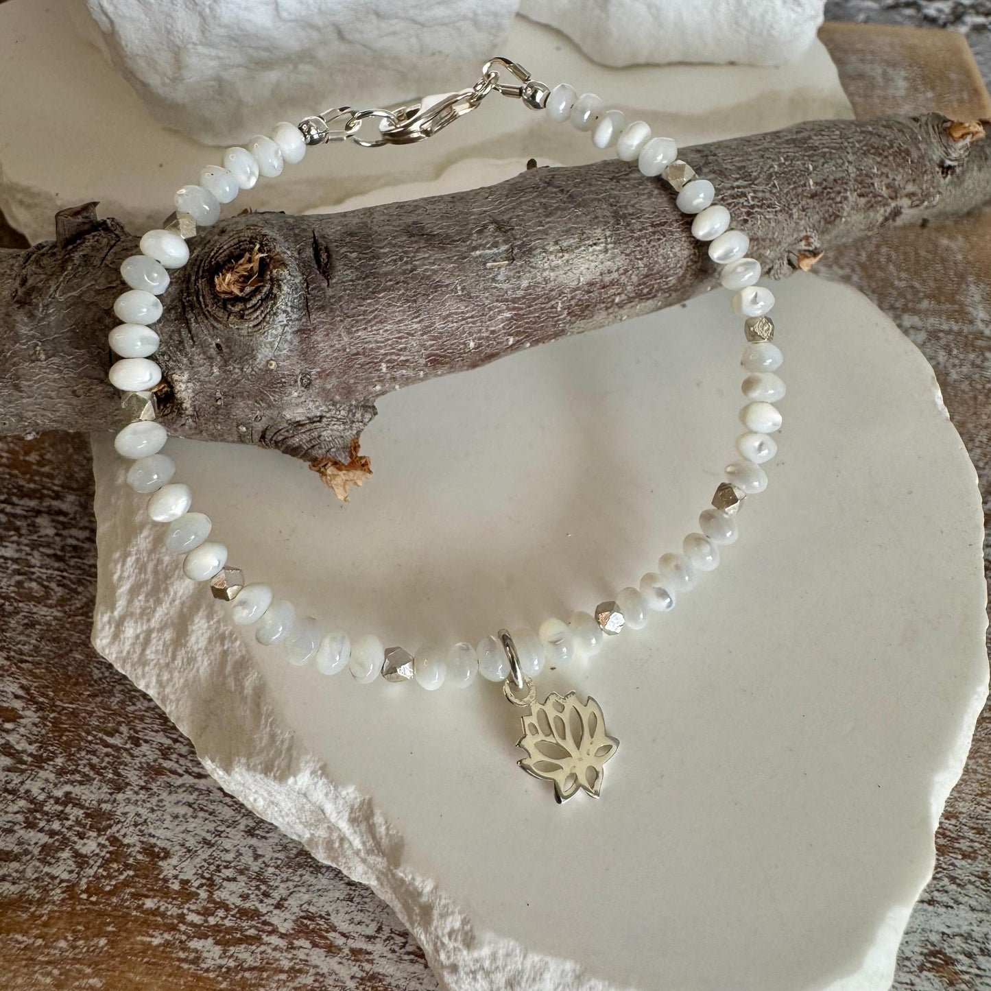 Mother of Pearl bracelet with lotus flower charm/ sterling silver beaded gemstone bracelet