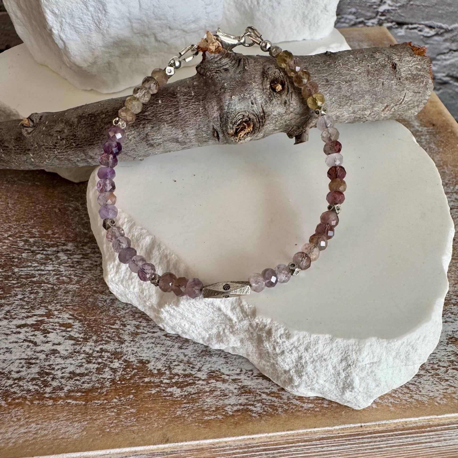 Auralite 23 Cacoxenite Gemstone bracelet / Rare Natural Auralite sterling silver beaded gemstone bracelet