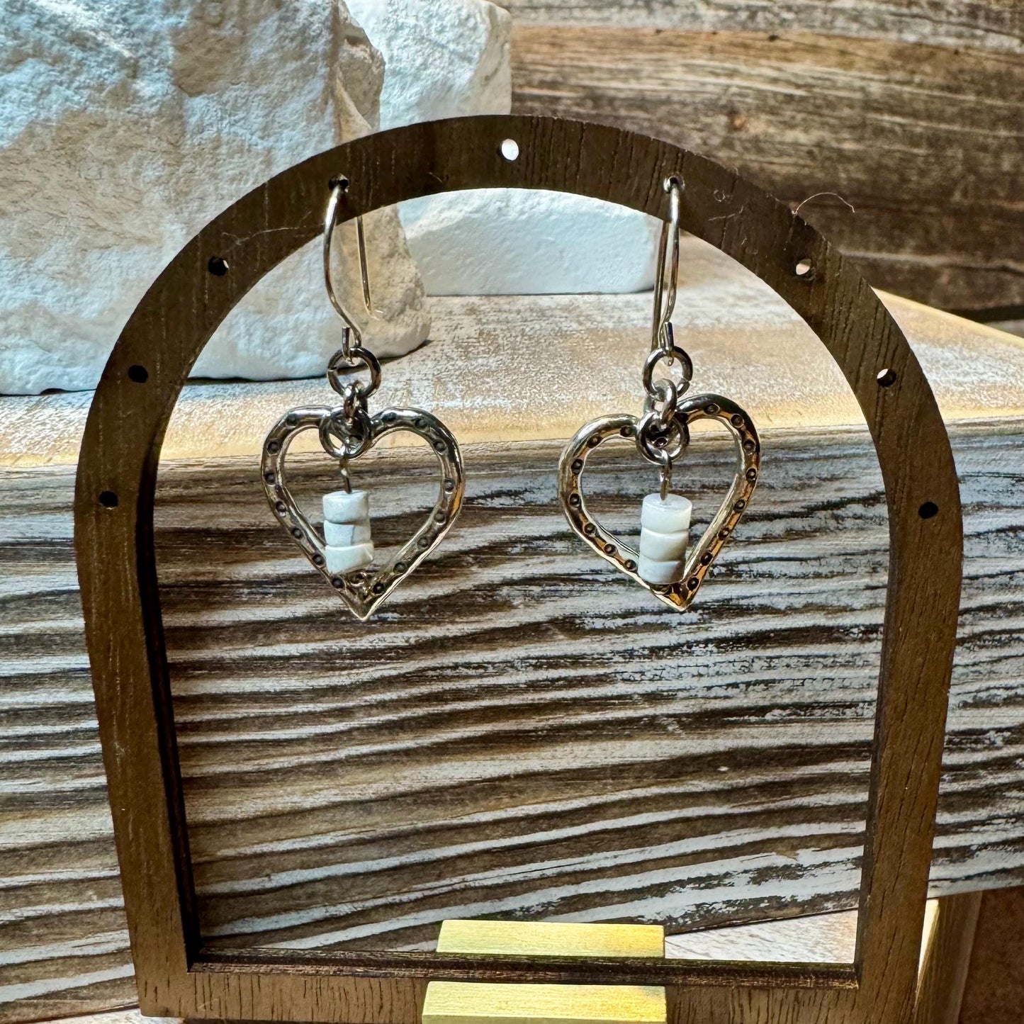 Silver Heart Dangle Earrings, White Howlite Stone, Gemstone Earrings, Sterling Silver Jewelry, Perfect Gift for Her