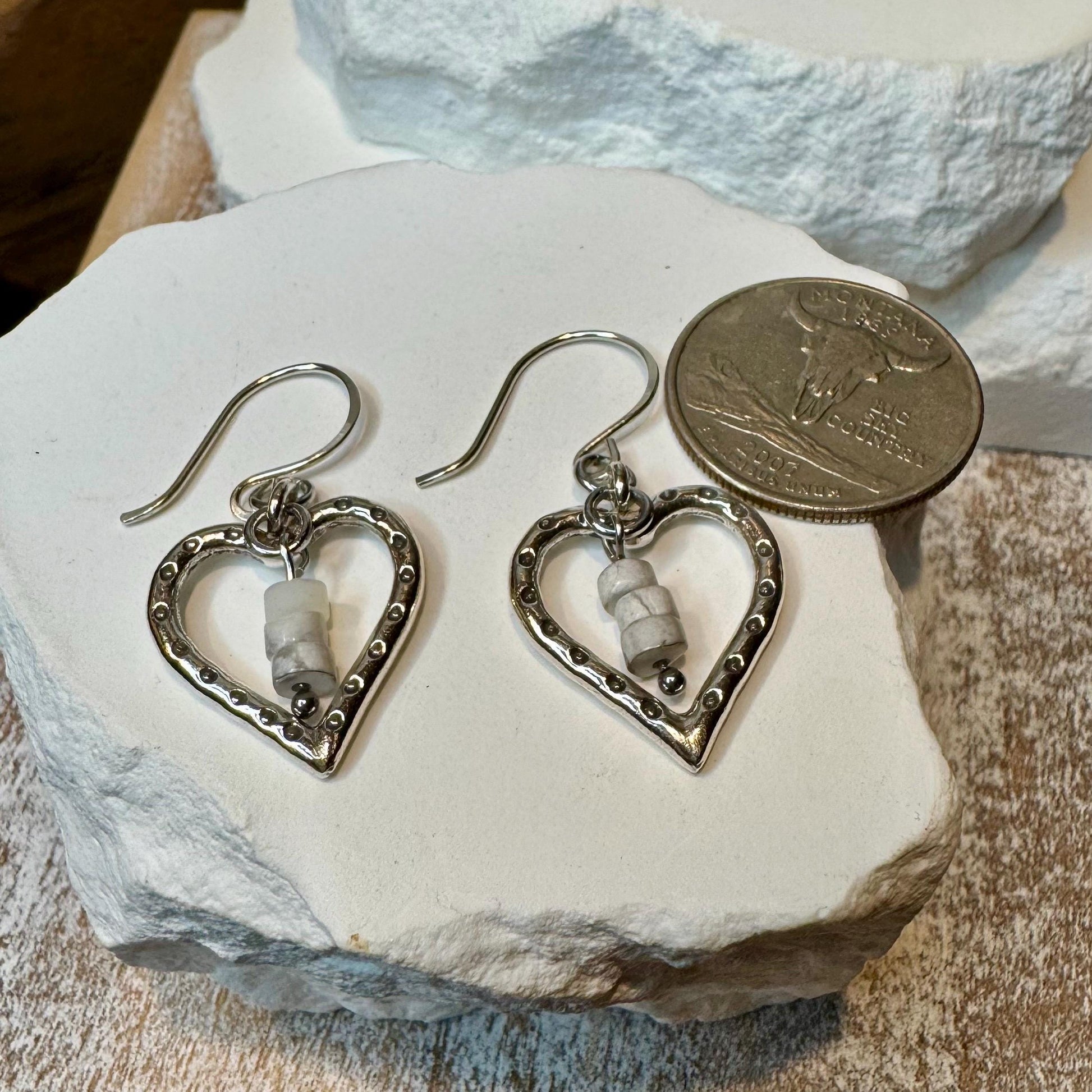 Silver Heart Dangle Earrings, White Howlite Stone, Gemstone Earrings, Sterling Silver Jewelry, Perfect Gift for Her