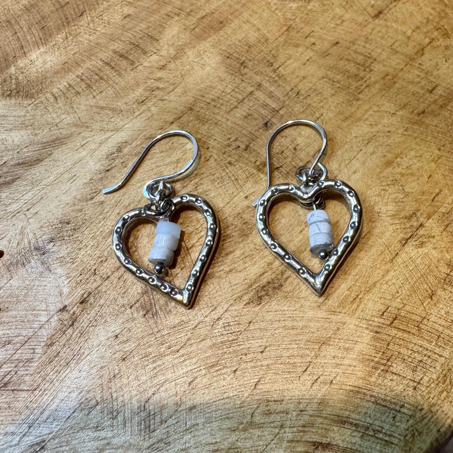 Silver Heart Dangle Earrings, White Howlite Stone, Gemstone Earrings, Sterling Silver Jewelry, Perfect Gift for Her