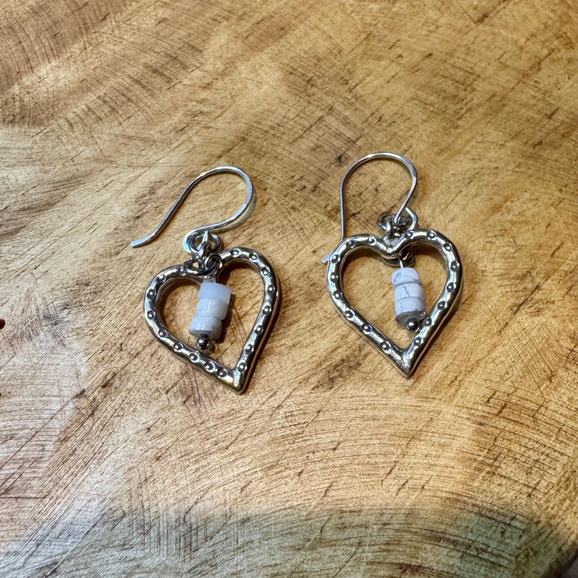 Silver Heart Dangle Earrings, White Howlite Stone, Gemstone Earrings, Sterling Silver Jewelry, Perfect Gift for Her