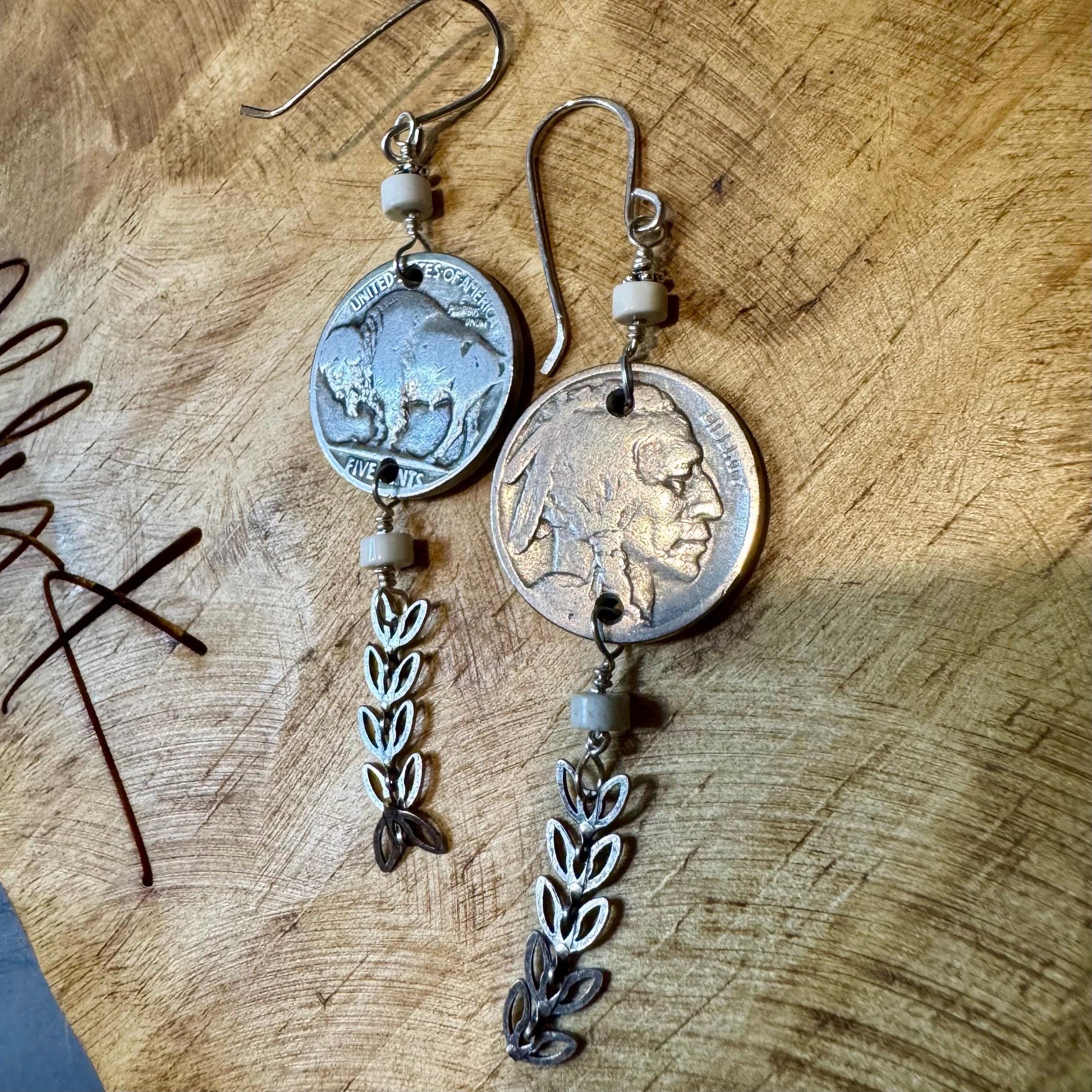 Indian head buffalo nickel earrings with chain and white turquoise gemstone / coin earrings
