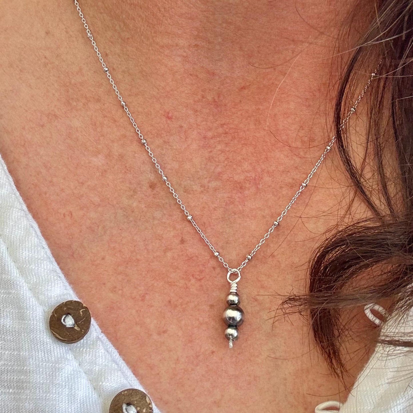 Navajo Pearls Pendant Charm, Sterling Silver Satellite Chain, Navajo Necklace, Authentic Native American Jewelry, Gift For Her