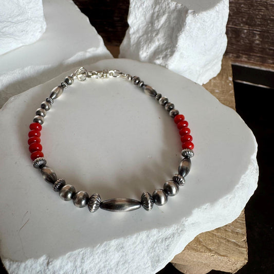 Navajo Pearl bracelet with Red Bamboo Coral/ sterling silver gemstone beaded bracelet