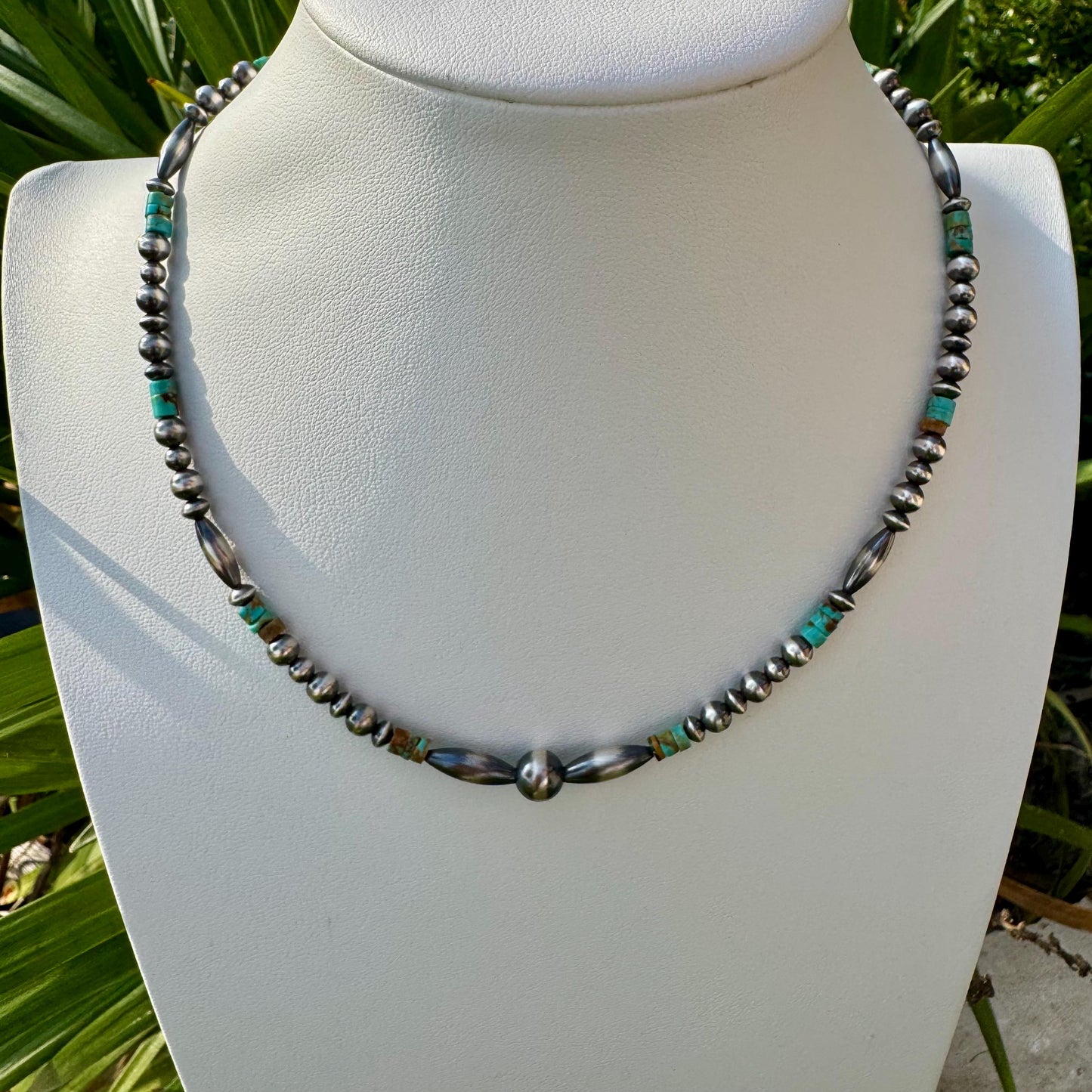 Navajo Pearl and Kingman Turquoise Necklace, Blue Green Turquoise, Authentic Native Sterling Necklace, Choker Necklace, Southwest Necklace