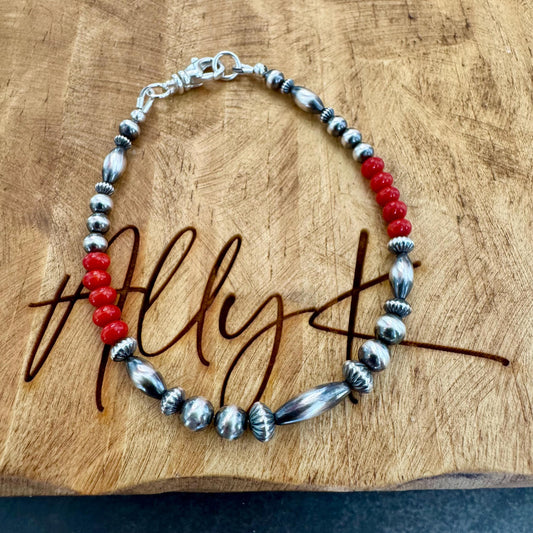 Navajo Pearl bracelet with Red Bamboo Coral/ sterling silver gemstone beaded bracelet