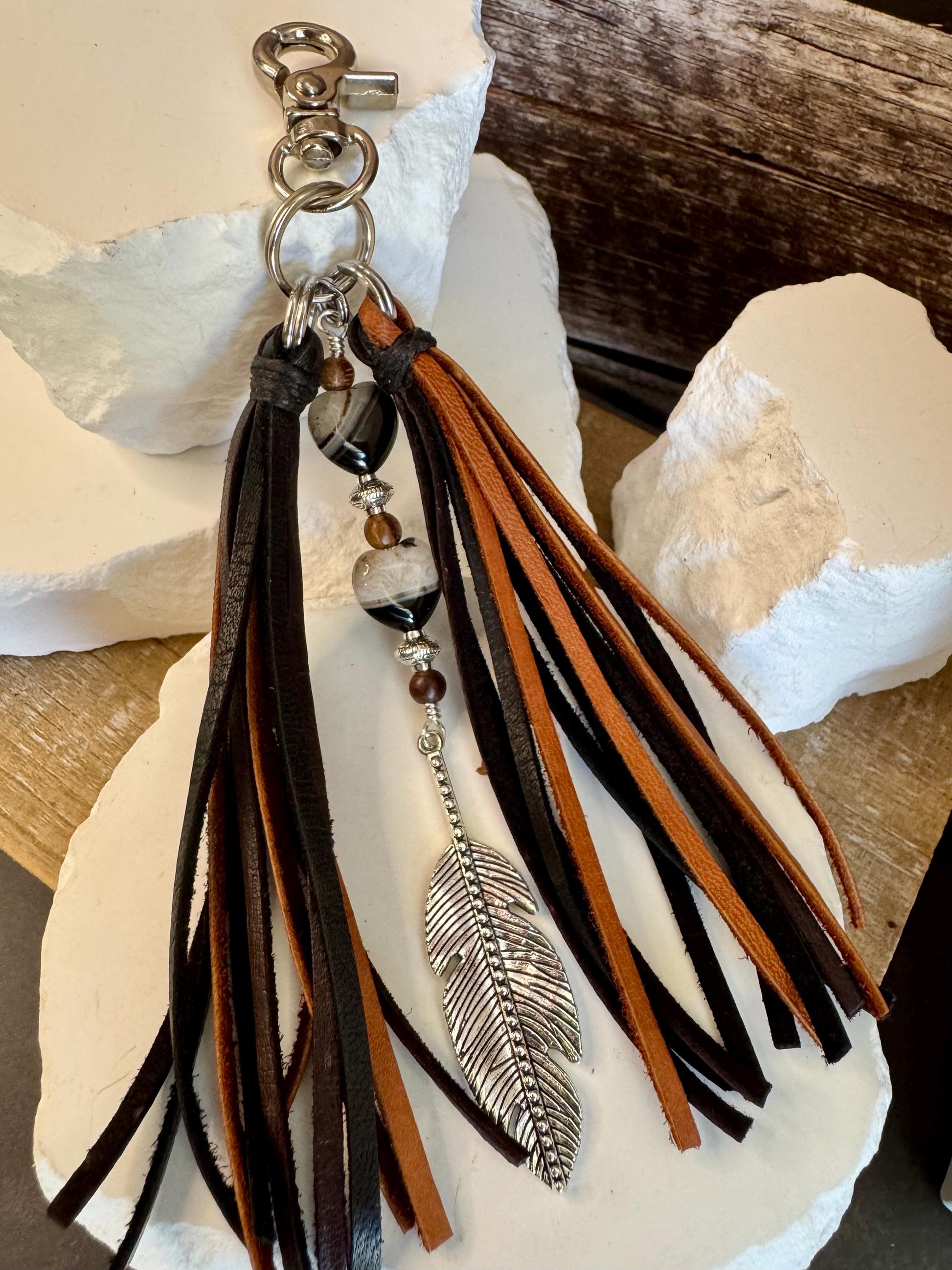 Leather Purse Tassel with Black Tuxedo Agate, Beaded Handbag Tassel, Gemstone Accessory, Unique Purse Charm, Leather Purse Charm
