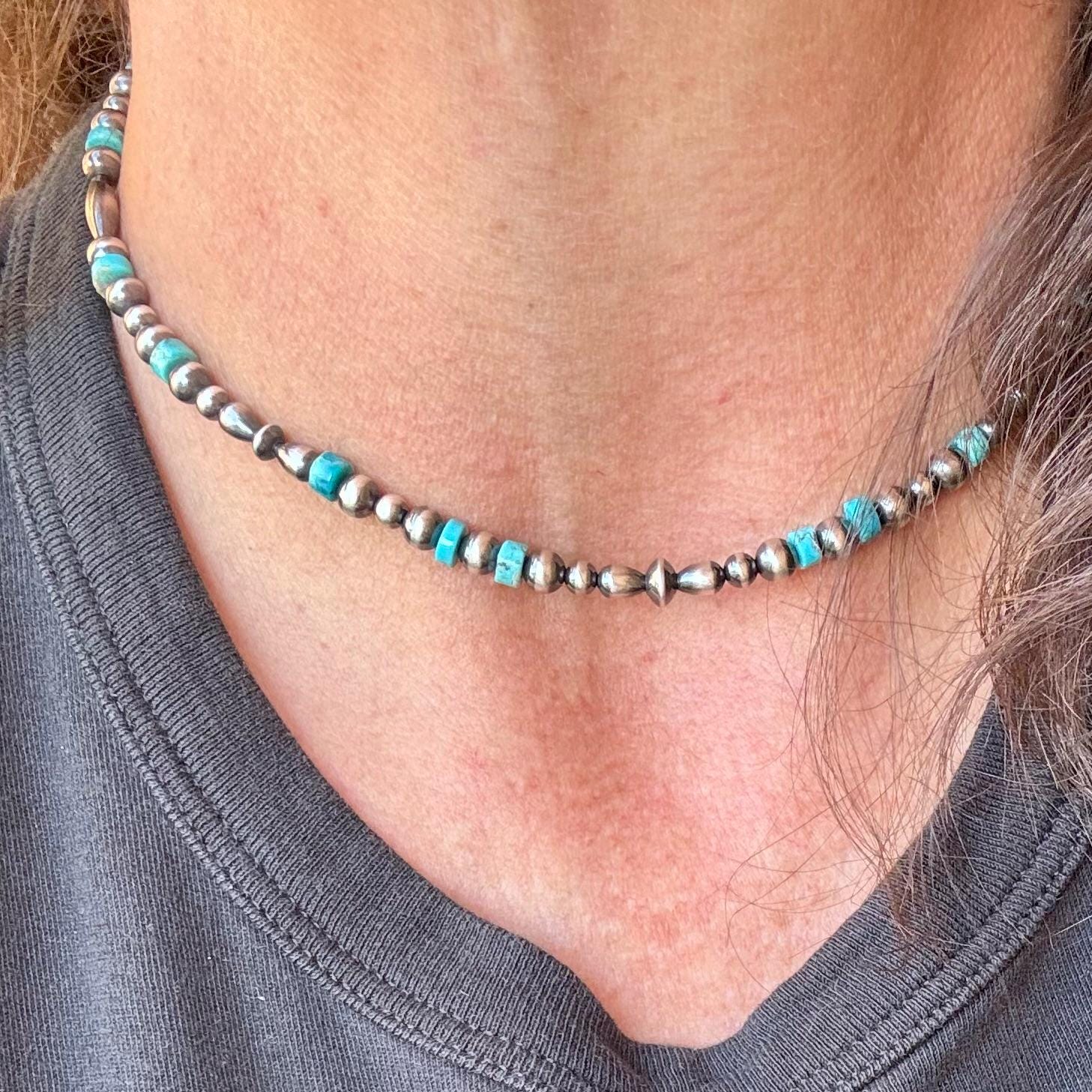 Navajo Pearl Kingman Turquoise Necklace, Authentic Native Made Sterling Necklace, Choker Necklace, Turquoise Jewelry, Southwestern Style