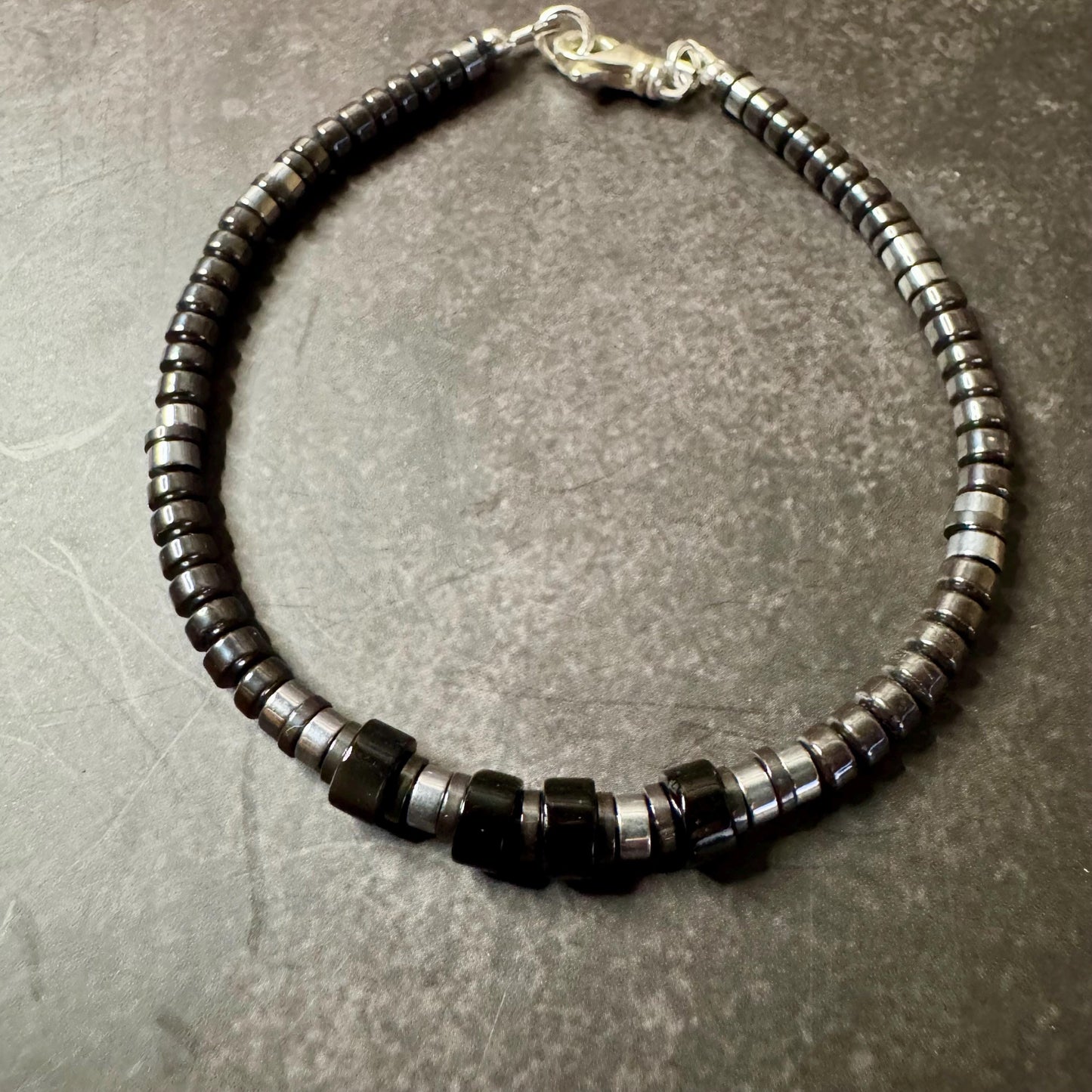 Black Onyx Bracelet with Hematite, Sterling Silver Beaded Bracelet, Gemstone Bracelet, Unisex Jewelry, Men's Bracelet, Gift Idea