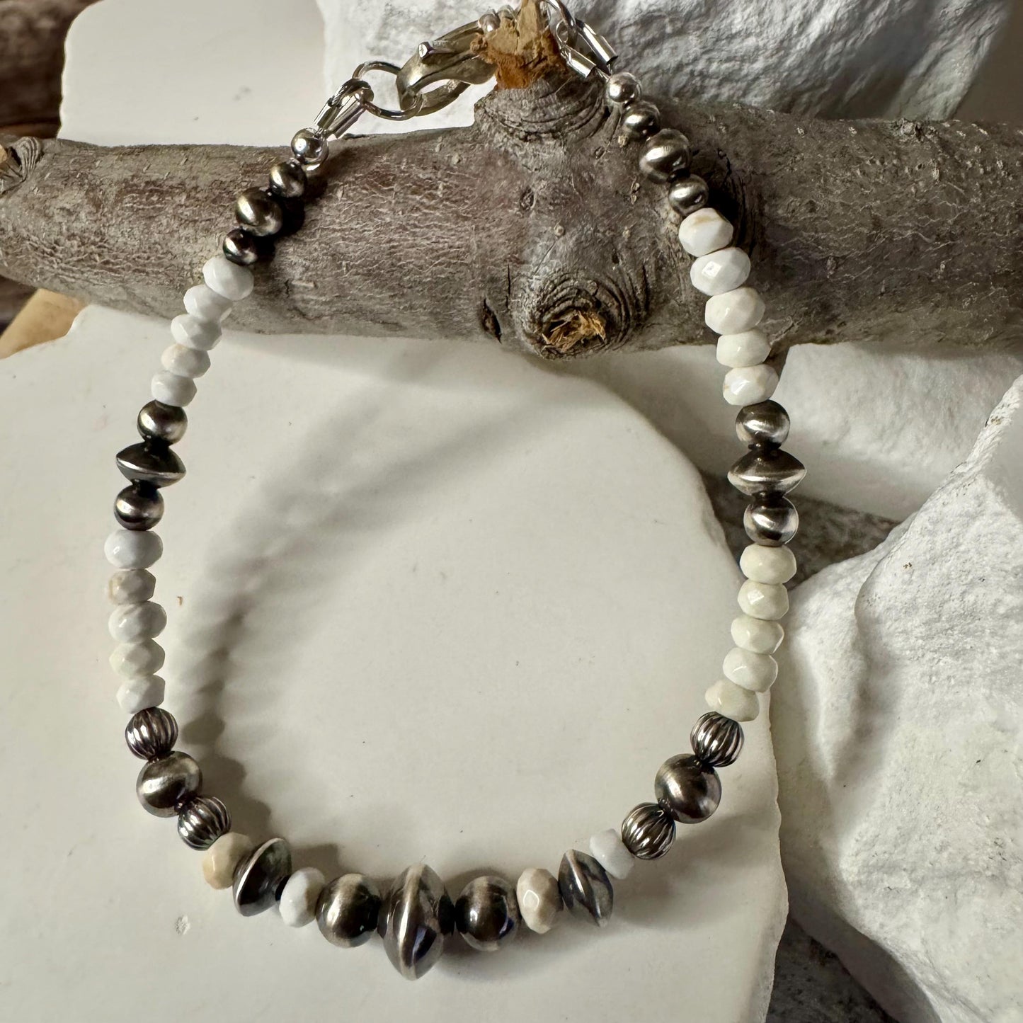 Navajo pearl, white turquoise gemstone bracelet / sterling silver beaded gemstone bracelet