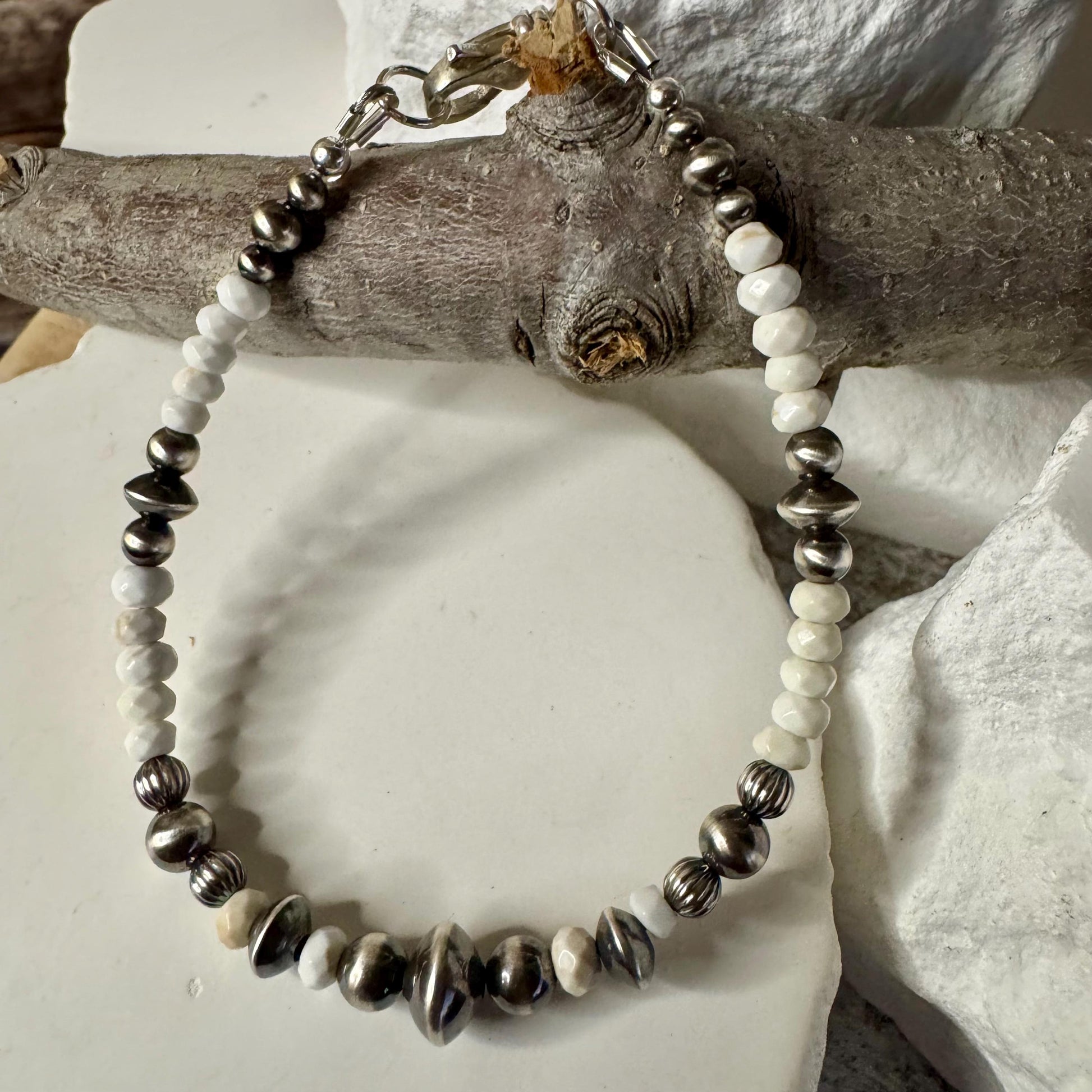 Navajo pearl, white turquoise gemstone bracelet / sterling silver beaded gemstone bracelet