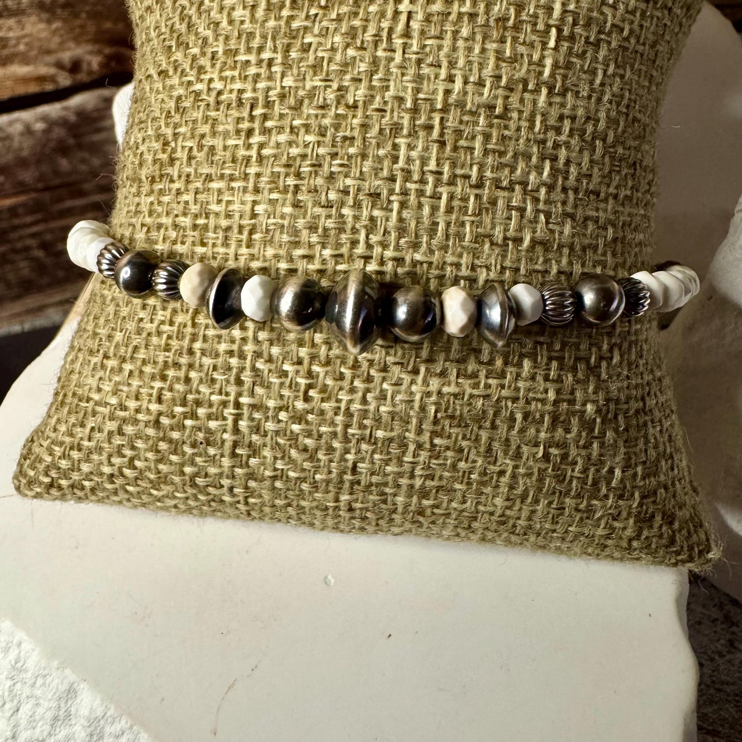 Navajo pearl, white turquoise gemstone bracelet / sterling silver beaded gemstone bracelet