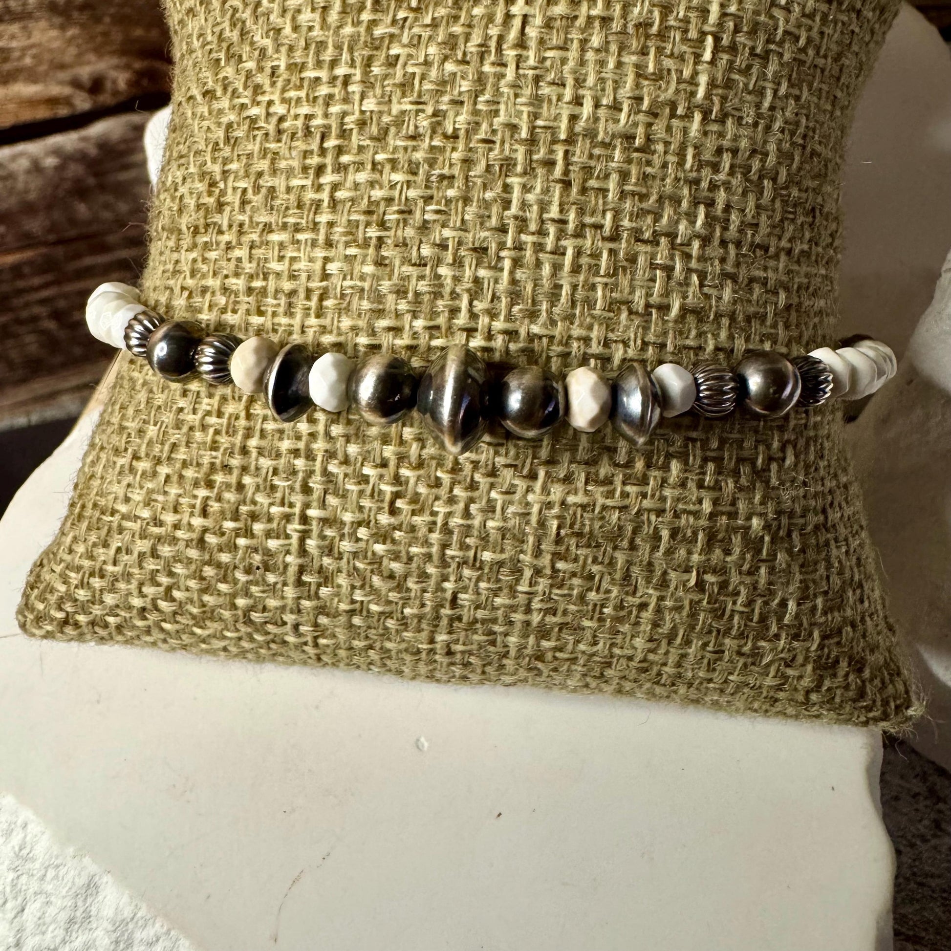 Navajo pearl, white turquoise gemstone bracelet / sterling silver beaded gemstone bracelet