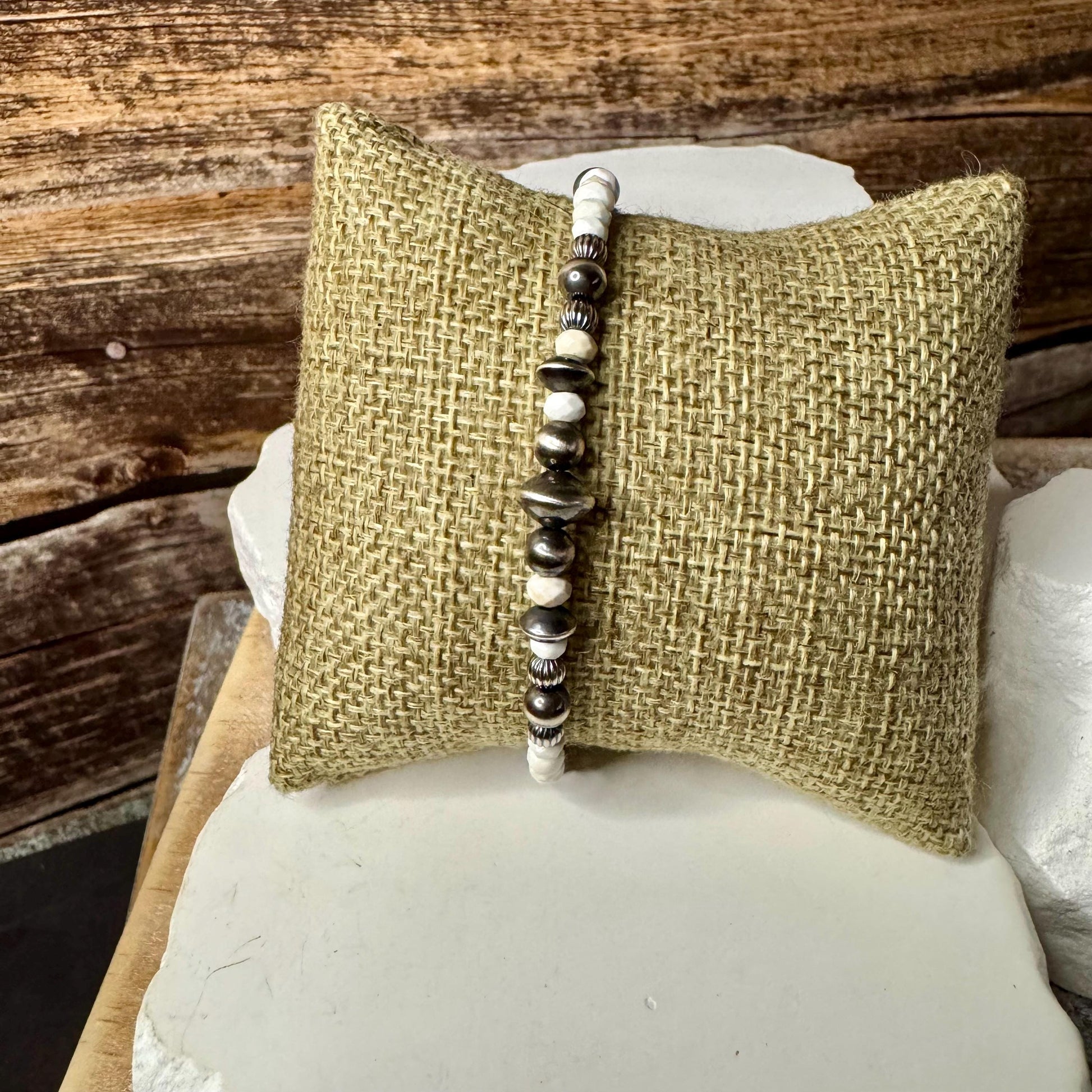 Navajo pearl, white turquoise gemstone bracelet / sterling silver beaded gemstone bracelet