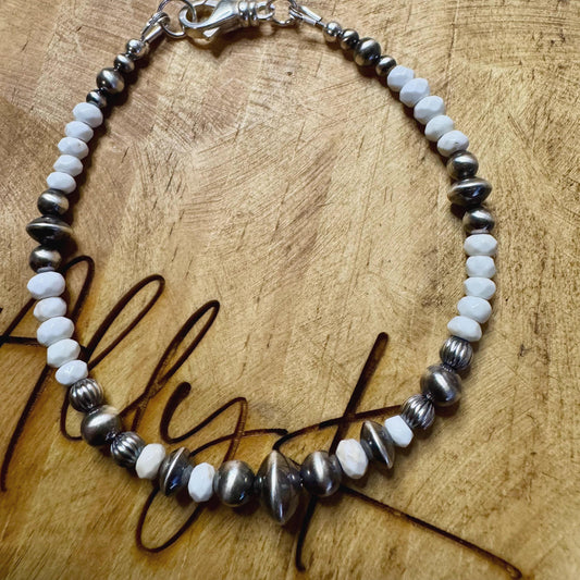 Navajo pearl, white turquoise gemstone bracelet / sterling silver beaded gemstone bracelet