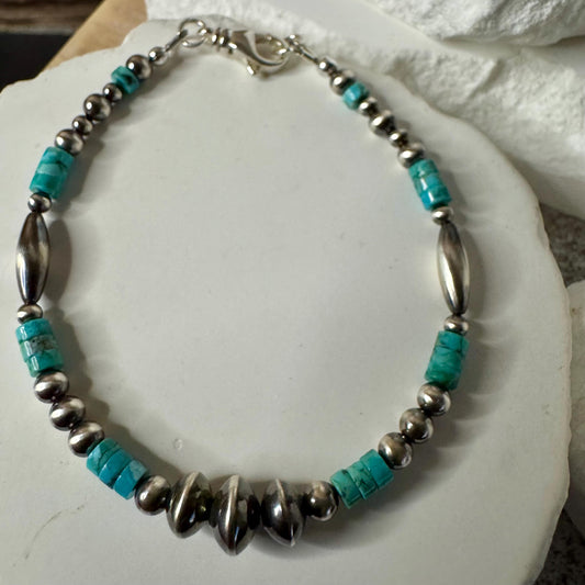 Navajo pearl and turquoise gemstone bracelet / sterling silver beaded gemstone bracelet