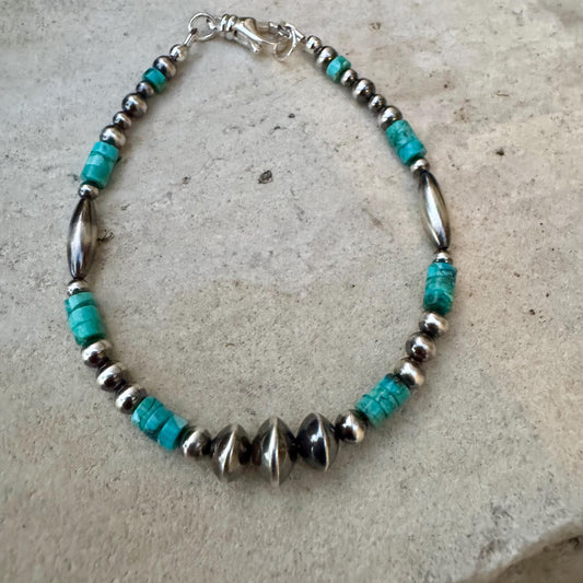 Navajo Pearl and Turquoise Bracelet, Sterling Silver Beaded Gemstone Boho Chic Bracelet