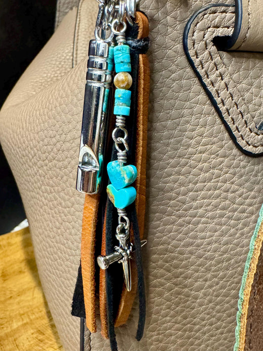 Leather Purse Tassel with Turquoise and Cross, Beaded Handbag Tassel, Gemstone Accessory, Unique Purse Charm, Leather Handbag Charm