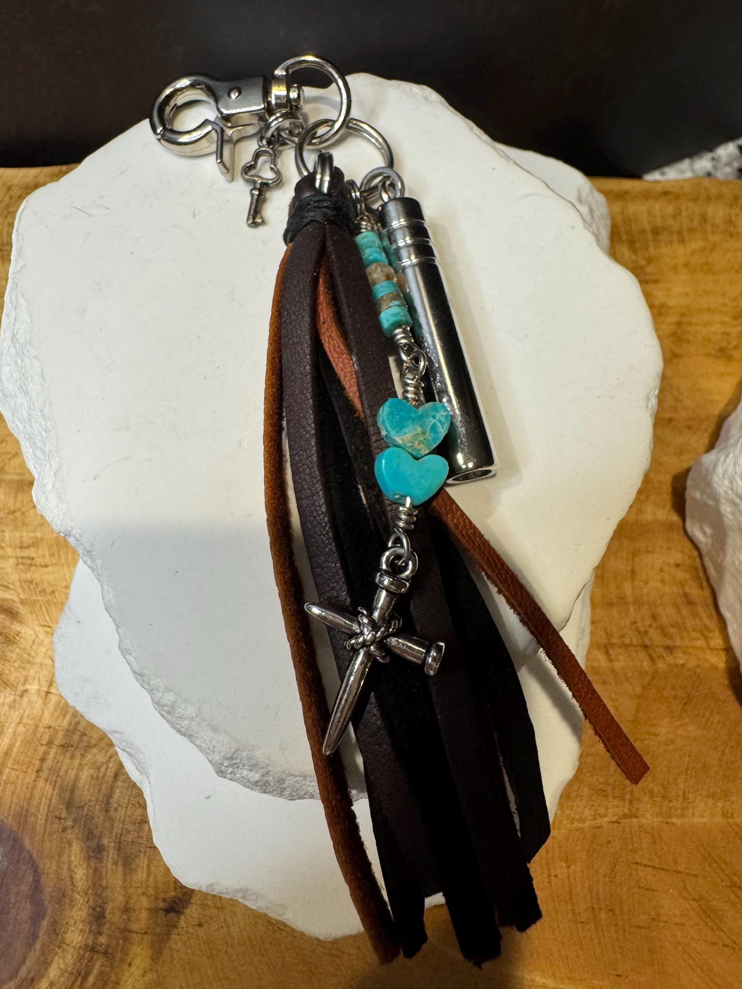 Leather Purse Tassel with Turquoise and Cross, Beaded Handbag Tassel, Gemstone Accessory, Unique Purse Charm, Leather Handbag Charm