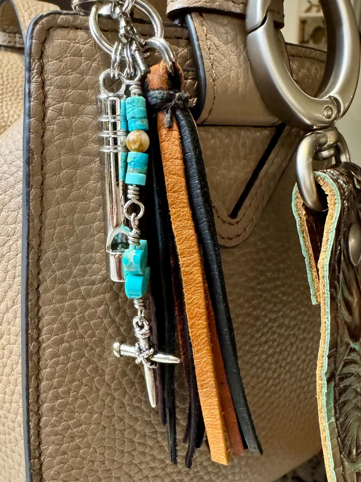 Leather Purse Tassel with Turquoise and Cross, Beaded Handbag Tassel, Gemstone Accessory, Unique Purse Charm, Leather Handbag Charm