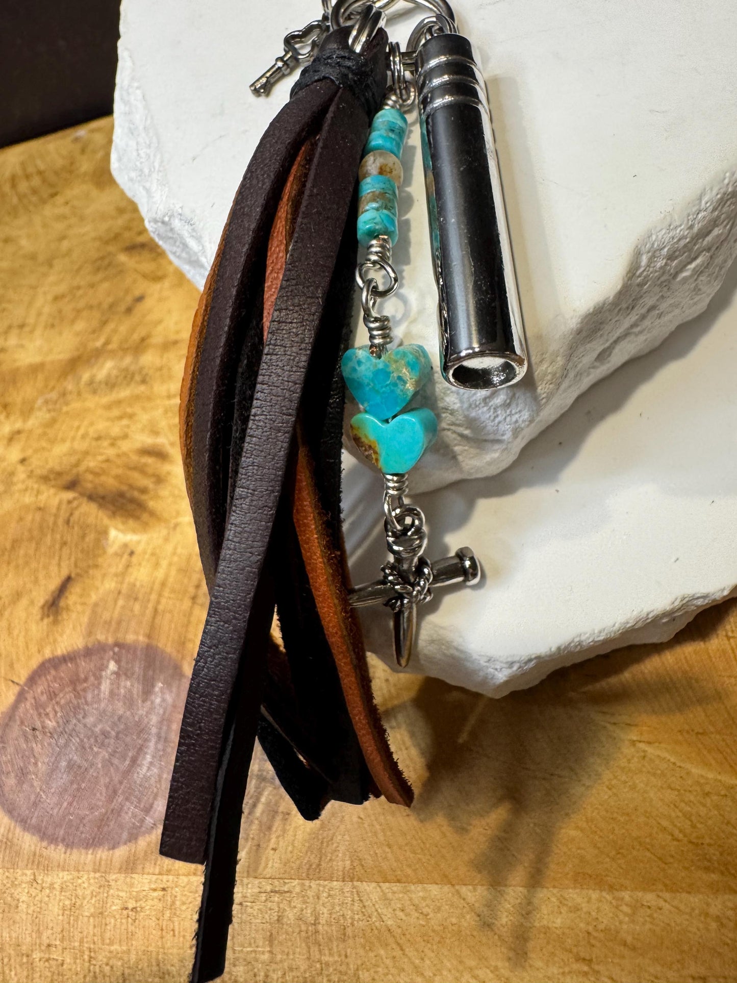 Leather Purse Tassel with Turquoise and Cross, Beaded Handbag Tassel, Gemstone Accessory, Unique Purse Charm, Leather Handbag Charm