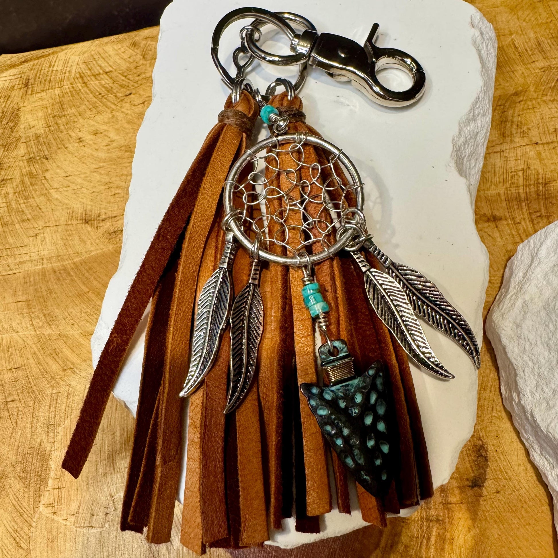 Turquoise and Leather Purse Tassel, Dream Catcher, Feather and Arrow Charm, Beaded Handbag Tassel, Western Accessory, Leather Handbag Charm