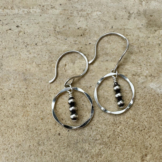 Navajo Pearl Drop Earrings, Sterling Silver Dangle, Circle Earrings, Silver Jewelry, Handmade Earrings, Dainty Earrings