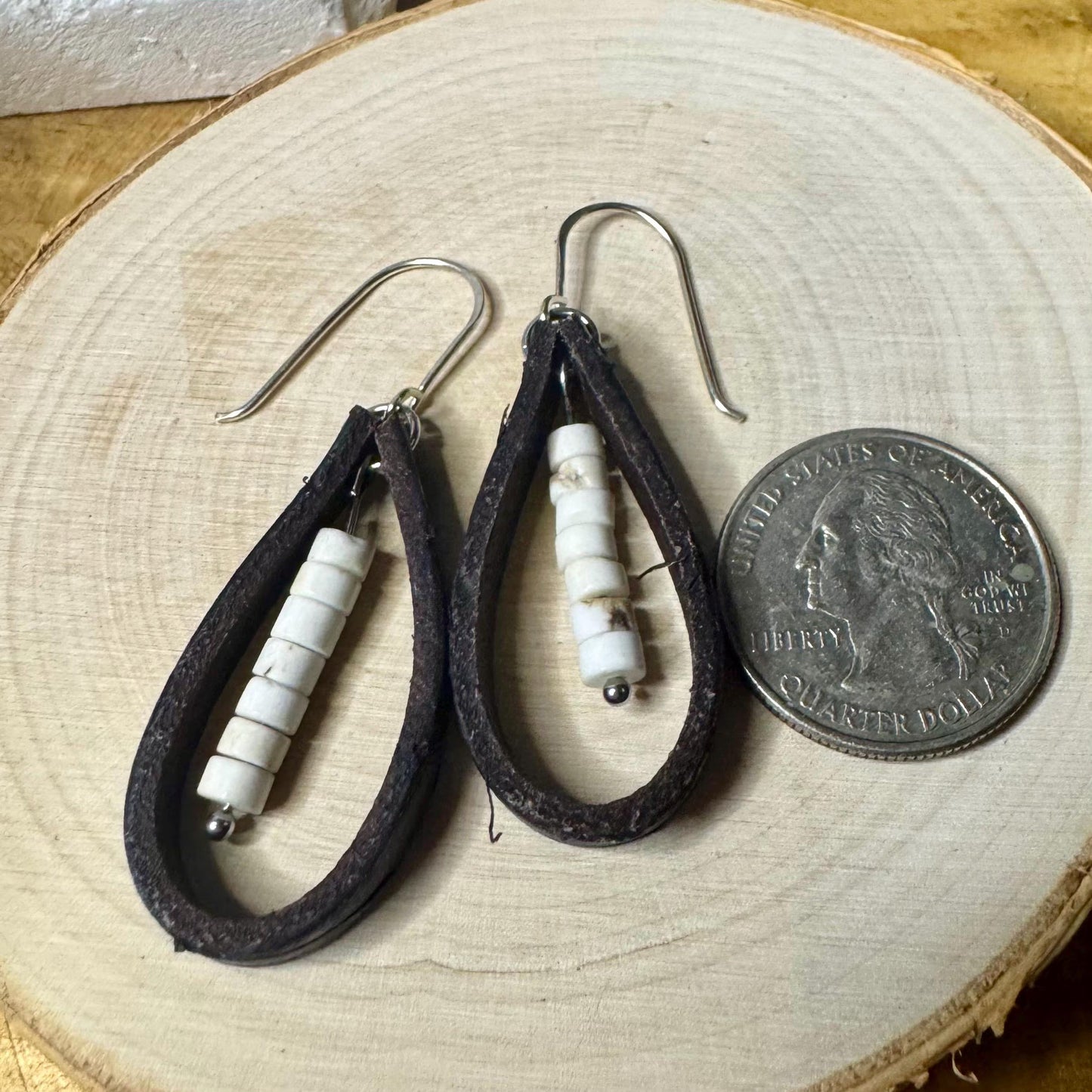 White Turquoise Leather Earrings, Genuine Earring Teardrop Style Wrap, Dangle Earrings, Boho Style, Handmade Gift