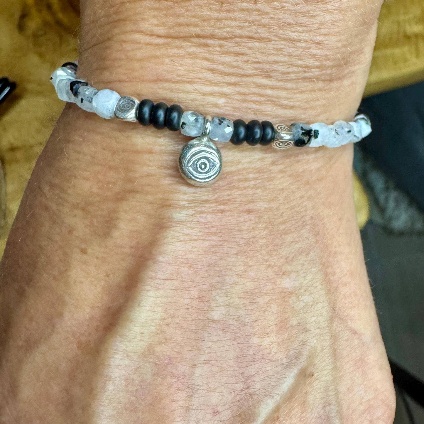Rainbow Moonstone with Black Tourmaline and Onyx Evil Eye bracelet, Sterling Silver Beaded Gemstone Bracelet, Evil Eye Beaded Charm Bracelet