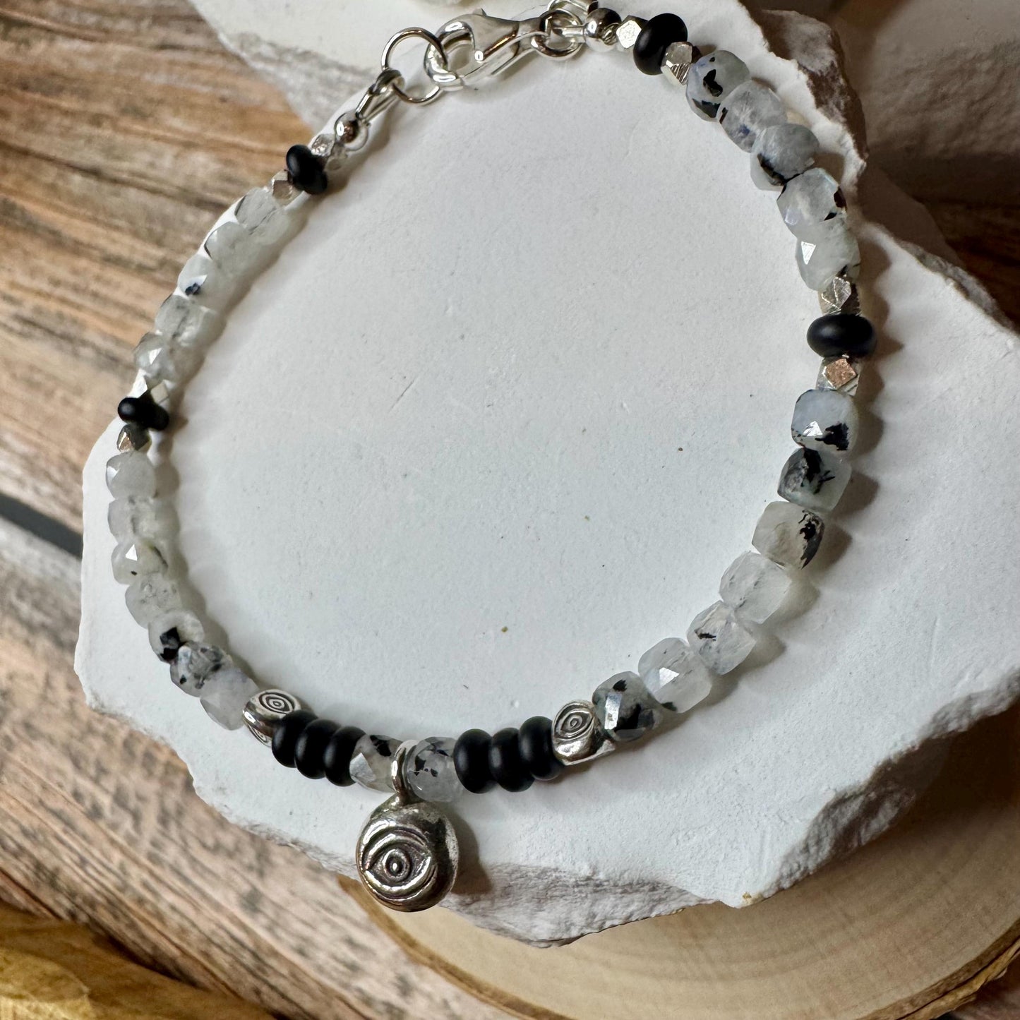 Rainbow Moonstone with Black Tourmaline and Onyx Evil Eye Anklet, Sterling Silver Beaded Gemstone Ankle Bracelet, Evil Eye Charm Anklet